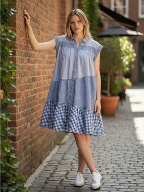 Pilcro Blue Gingham Tiered Shirt Dress